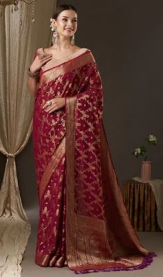 Wine Berry Pure Handloom Georgette Saree From Banaras