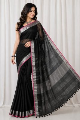 Black Handloom Linen By Linen Saree From Bengal