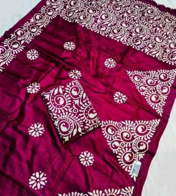 Maroon Pure Handloom Silk Cotton Saree From Bengal