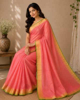 Orange Pure Handloom Linen By Linen Saree From Bengal