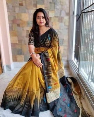 Mustard Pure Handloom Ikkat Saree From Bengal