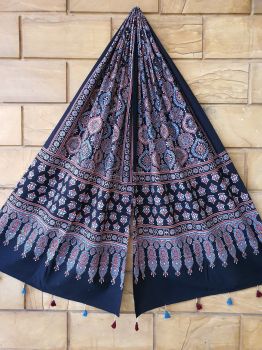 Indigo Blue Ajrakh Traditional  Hand Block Print Cotton Stole.