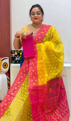 Yellow Pink Pure Handloom Dhakai Jamdani Saree From Bengal
