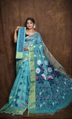 Aqua Blue Pure Handloom Dhakai Jamdani Saree From Bengal