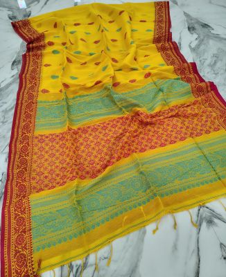 Yellow Pure Handloom Linen By Linen Saree From Bengal