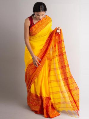 Yellow Pure Handloom Cotton Saree From Bengal