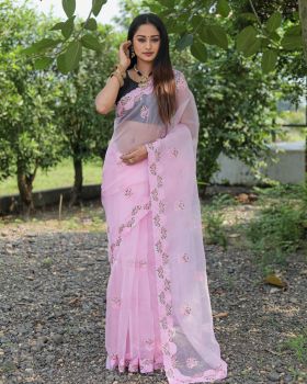 Light Pink Flower Embroidery Work Organza Saree