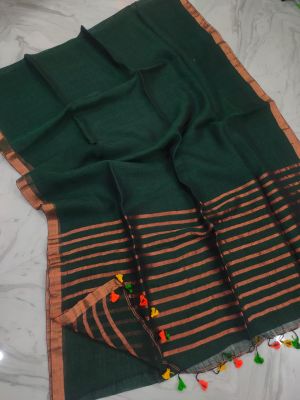 Bottle Green Pure Handloom Linen By Linen Saree From Bengal