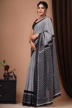 Light grey Hand Block Cotton Pure Handloom Printed design Saree