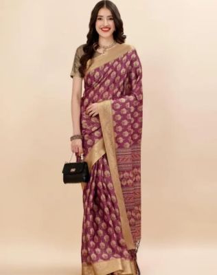 Purple Pure Handloom Silk Cotton Saree From Banaras