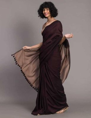 Wine Berry Pure Handloom Cotton Saree From Bengal