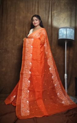 Orange Pure Handloom Resham Dhakai Jamdani Saree From Bengal