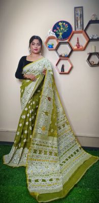 Mehandi Green Pure Handloom Dhakai Jamdan Saree From Bengal
