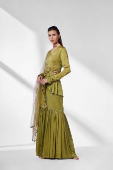 Pickle Green Belted Peplum With Gharara