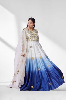 Blue Ombre Anarkali With Organza Dupatta