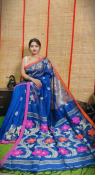 Dark Blue Pure Handloom Organic Linen By Linen Saree From Bengal