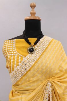 Yellow Stripes Rubber Print Embroidery Foil Mirror Work Pure Chiffon Saree