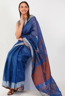 Navy Blue Pure Handloom Tissue Linen Saree From Bihar