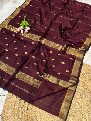Maroon Pure Handloom Maheshwari Silk Cotton Saree From Bengal