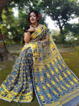 Grey Pure Handloom Dhakai Jamdani Saree From Bengal