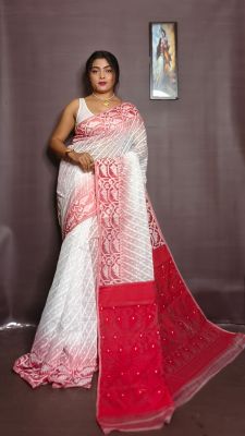White Pure Handloom Ikkat Jamdani Saree From Bengal