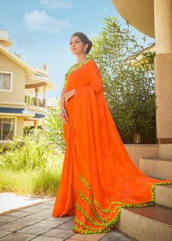 Orange Plain Body Pompom Pallu Linen Saree