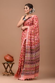 Rose Gold Pure Handloom Linen Cotton Saree From Bihar