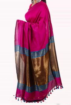 Pink Banarasi Cotton Silk Saree With Rich Pallu From Banaras