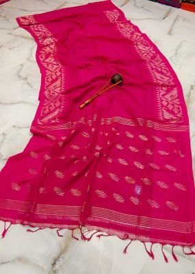 Dark Pink Pure Handloom Linen By Linen Saree From Bengal
