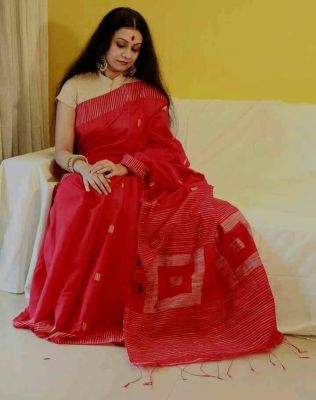 Red Pure Handloom Silk Cotton Saree From Bengal