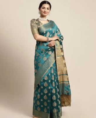 Dark Aquamarine Pure Handloom Silk Cotton Saree From Banaras