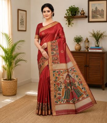 Red Elegant Women Madhubani Handcrafted Handloom Pure Tassar Silk Saree