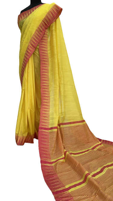 Bright Yellow & Pink Handcrafted Kota Silk Saree