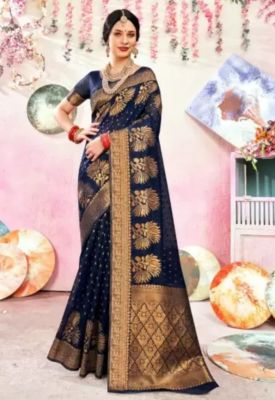 Navy Blue Pure Handloom Banarasi Silk Cotton Saree From Banaras