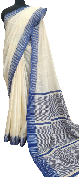 White & Blue Handcrafted Kota Silk Saree.