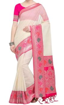 Off White Banarasi Cotton Silk Antique Zari Border From Banaras