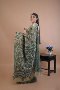 Sea Green Pure Handloom Katha Stitch Saree From Bengal