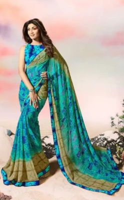 Aqua Blue Pure Handloom Georgette Saree From Banaras