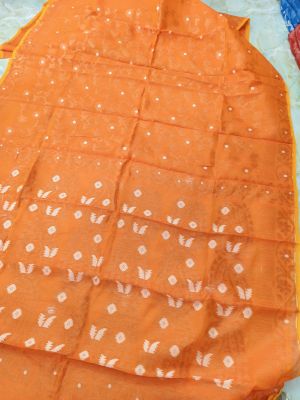 Orange Pure Handloom Dhakai Jamdani Saree From Bengal