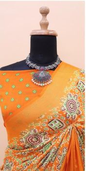 Orange Butta Printed Work Pure Chiffon Saree