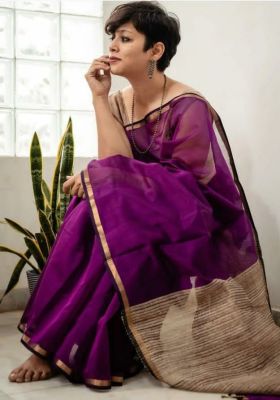 Purple Pure Handloom Silk Cotton Saree From Bengal