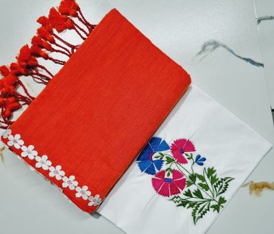 Red White Pure Handloom Cotton Saree From Bengal