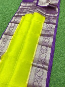 Yellow Pure Handloom Organza Saree From Bengal