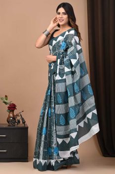 Charcoal Grey Hand Block Cotton Pure Handloom Printed Design Saree