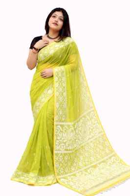 Aqua Green Dhakai Jamdani Pure Handloom Cotton Saree From Bengal