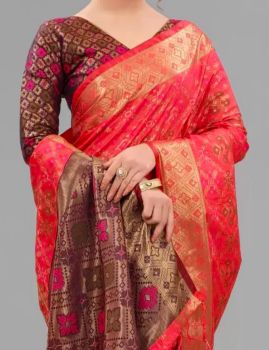 Light Red Banarasi Silk Antique Gold Zari Work From Banaras