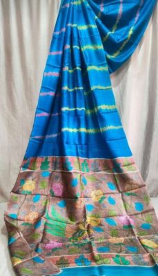 Sky Blue Pure Handloom Kantha Silk Saree From Bengal