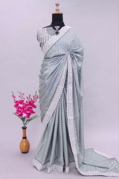 Grey Stripes Rubber Print Embroidery Foil Mirror Work Pure Chiffon Saree