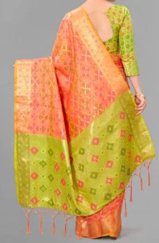 Coral Peach Banarasi Silk Antique Gold Zari Work From Banaras