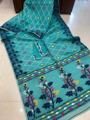 Sky Blue White Pure Handloom Dhakai jamdani Saree From Beng